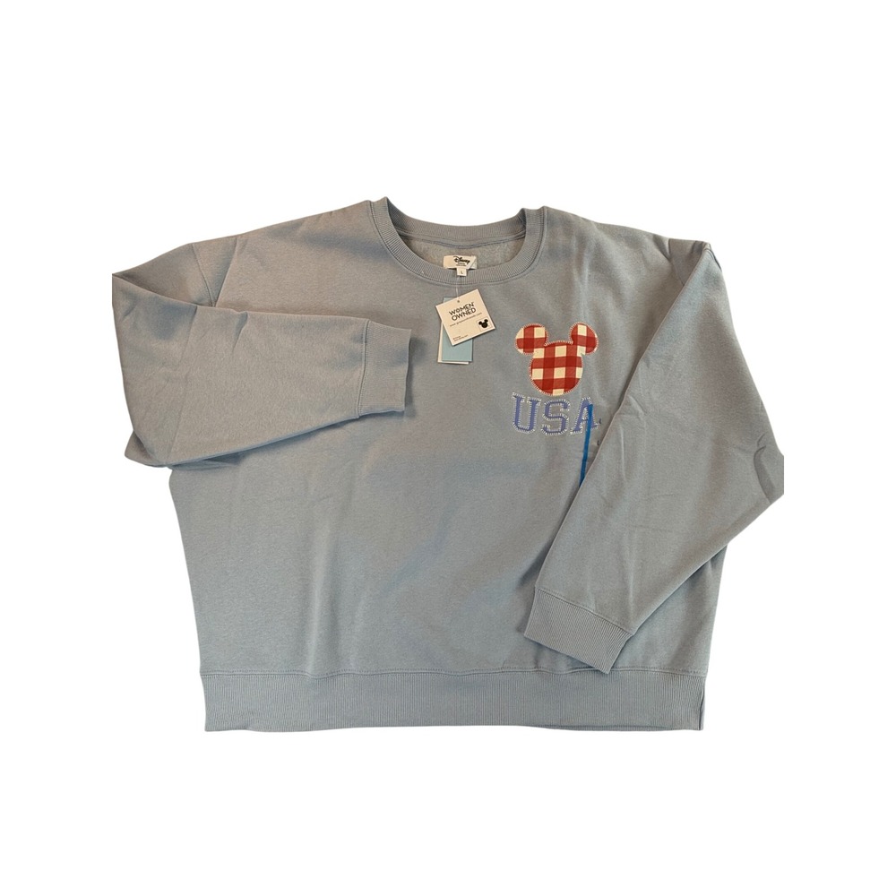 Disney Grayson Threads Mickey Mouse USA Patchwork Sweatshirt Blue Large NWT